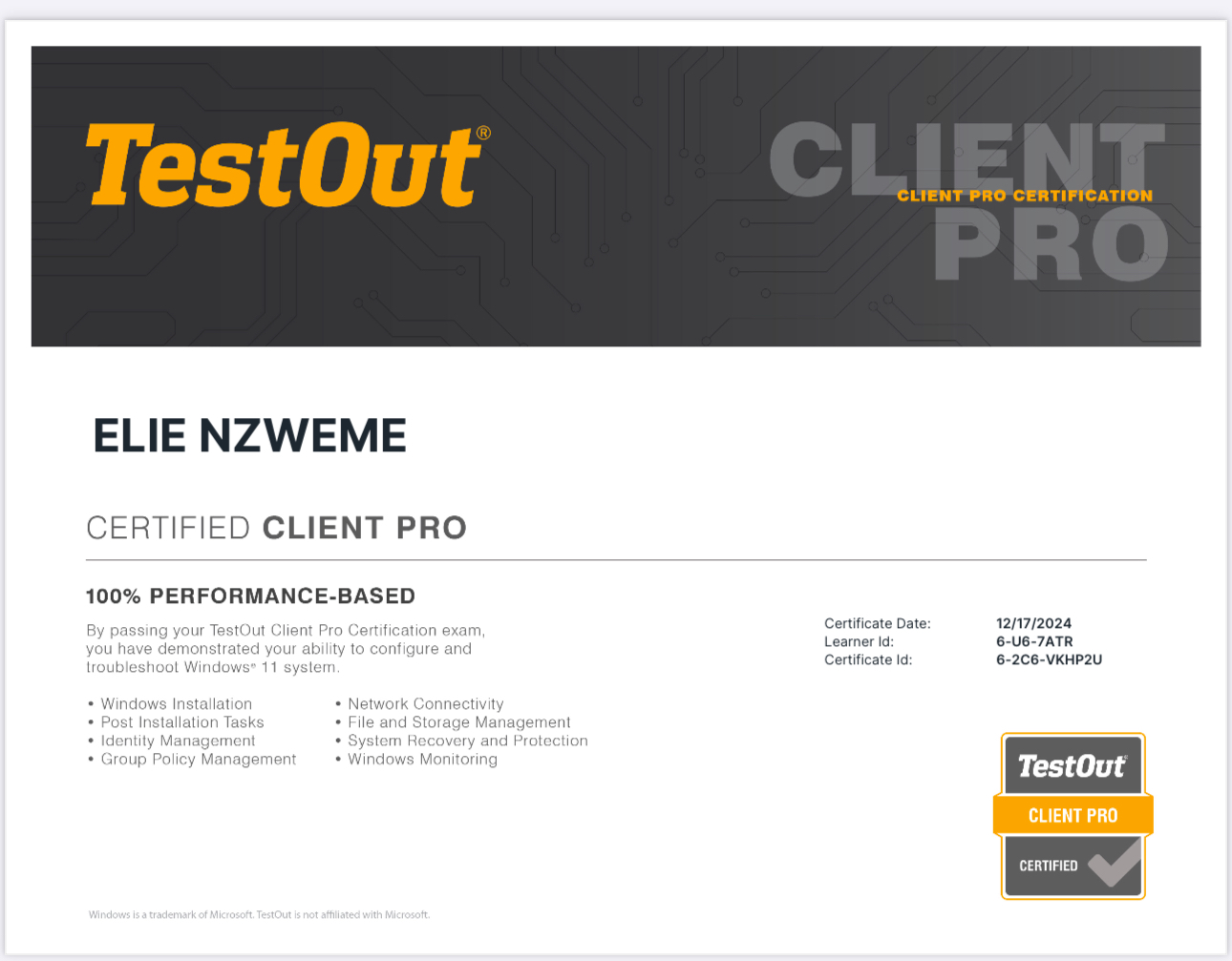 TestOut Client Pro certification